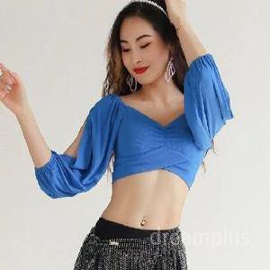 벨리댄스의상 상의 탑 어깨 라인댄스 라틴 댄스복 트임 티셔츠