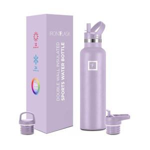 아이언 FLASK 캠핑 및 하이킹 수분 공급 용기 - 뚜껑 3개(좁은 빨대 뚜껑) 누수 방지 진공 단열 스테인리스 스틸 뜨겁고 차가운 이중 벽 스포츠 물병 라벤더, 24온스