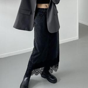 여자 블랙진 레이스 슬릿 MAXI H라인 롱스커트