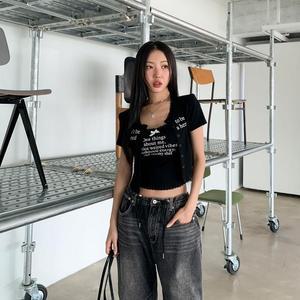 덴즈민 레터링 반팔 세트 나시 레이스 잔골지 가디건
