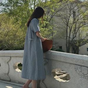 버뮤다 비조 디테일 스트라이프 롱 원피스 여름 여성 바캉스 휴양지룩