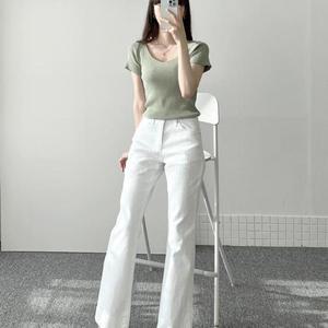 여자 파스텔 부츠컷 스판 봄옷 흰색면바지
