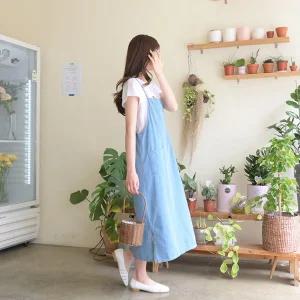[데일리앤] 레이어드 청 멜빵 뷔스티에 데님 롱 원피스 루피드