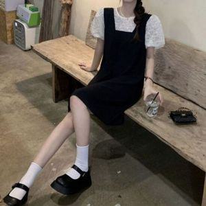 브이넥민소매 멜빵바지 여름원피스