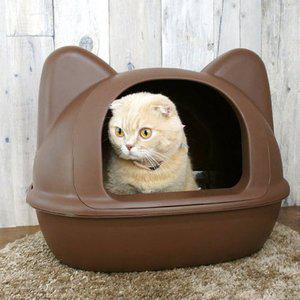 [셀링코리아]S 아이캣 고양이 화장실 브라운 고양이용품 고양이모양 후드형 인테리어 모래주걱