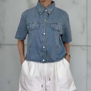 여자 크롭청남방 드로우코드 단추 반소매 셔츠