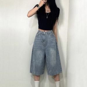 여성 7부 데님 와이드 청 반바지 흑청 연청 버뮤다 팬츠