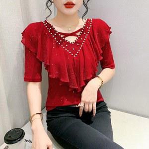 상의 라틴댄스복 여성 언발란스 라인댄스 꽃무늬 체형 붉은색 장식 3XL 라틴 연습복