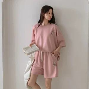 여름 데이 베어 반팔 반바지 세트 라운드 패치 자수 오버핏 투피스 트레이닝 세트