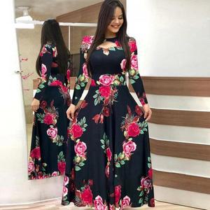 여성 긴 소매 속이 빈 드레스 2023 가을 꽃 높은 힙색 탄성 우아한 Boho o-넥 Vestido Robe Maxi Elegante
