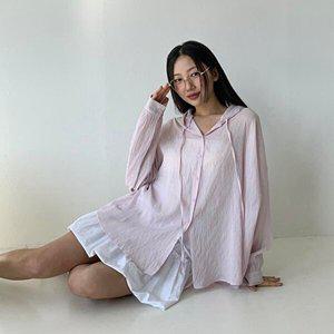 [옷자락]여자 오버핏 시스루 스트링 스트라이프 후드 남방