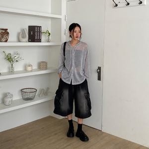 네쥬 여성 여름 오버핏 시스루 얇은 긴팔 후드 니트 가디건