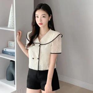 블랙라인 배색 더블 빅카라 반팔 블라우스 여름 썸머 bs7100