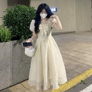 빅사이즈 여름 스퀘어넥 퍼프 롱원피스 귀엽고 깜찍한 디자인 리본 롱 프린세스