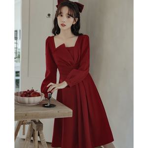 원피스 봄 하객 돌잔치 30대 40대 50대 프랑스 스타일 레트로 포옹 슬리밍 기질 레드 스퀘어 칼라 긴팔 드