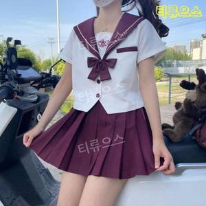 세라복 재팬학생복 세일러복 코스프레 레드리본 체크무늬스커트 골드단추
