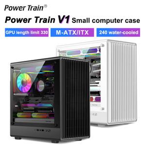 파워 트레인 V1 MATX 케이스 데스크탑 컴퓨터 측면 투명 유리 수직 호스트 ITX 섀시 브라켓 240/280 수냉