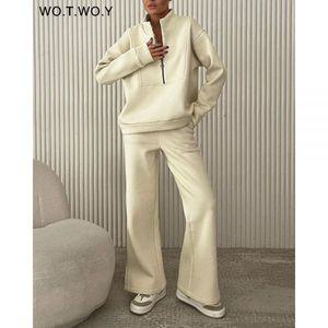 여자 봄 가을 면접복장 여성 투피스 WOTWOY 여성용 캐주얼 스웨트 셔츠 및 바지 세트 느슨한 팬츠 지퍼 칼