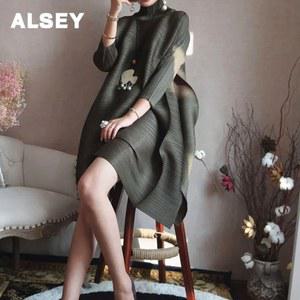 플리츠 원피스 ALSEY 여성 하이넥 우아한 단색 미적인 디자이너 파티 시즌
