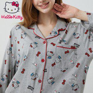 [헬로키티]산리오 정품 헬로키티 홈웨어 와이카라 긴소매 페어 상하세트 다이마루 면잠옷 HK-4300