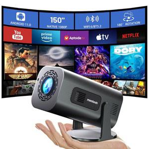 WiFi 및 블루투스가 지원되는 미니 프로젝터, 180 조절식 스탠드 스마트 150인치 휴대용 Android TV 11.0, 2.4G /5G, 네이티브 1080P, 300 ANSI 오토 키스턴 아웃도어 /홈 무비, 아이언 그레이