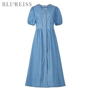 [블루레이스] V넥 벌룬 소매 데님 오픈 원피스_B5M1OP3091