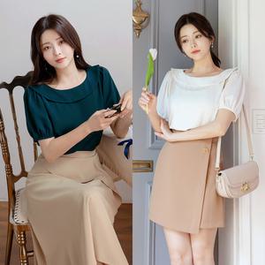 [시크라인] (~XL까지) 아비아나 보트넥 카라 볼륨소매 블라우스 여름 반팔 하객룩 오피스룩 격식룩 출근룩 데이트룩