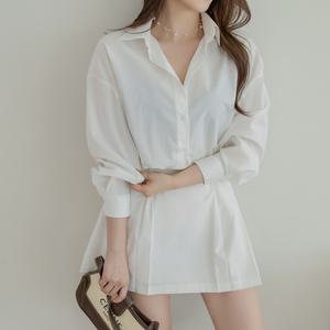 채핏 링클프리 셔츠 원피스 섹시 미니 글램 캐주얼 나그랑 허리밴딩 긴팔 루즈핏 A라인 페미닌