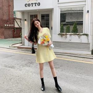 (MADE/브랜드퀄리티/격식룩) 드뮤 브이넥 퍼프 소매 라인 반팔 트위드 원피스 op15906