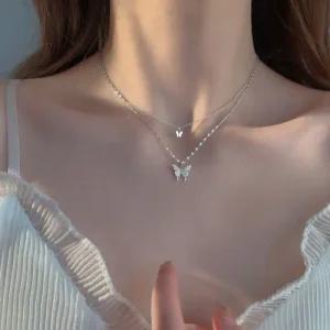 925 실버 두줄 나비 체인 은 목걸이 N020
