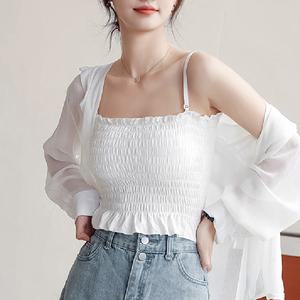 아리샵 셔링 스모킹 프릴 노와이어 와플 튜브 브라 캡 내장 크롭탑 브라나시