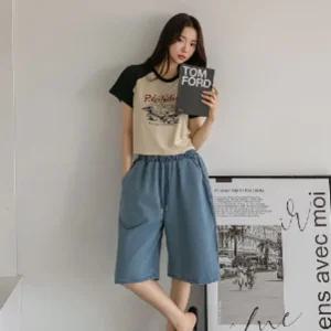 여름 데님 버뮤다 와이드 반바지 빅사이즈 밴딩 5부 포켓 팬츠