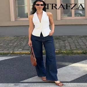 TRAFZA 여성용 하이웨이스트 드로스트링 스트레이트 레그 팬츠, 세련된 다용도 포켓 지퍼 팬츠, 단색 스트