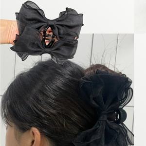 예쁜 쉬폰 왕리본 헤어집게핀 반머리 올림머리 블랙