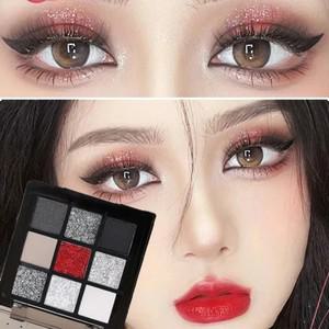 블랙 레드 펑크 스모크 아이섀도우 펄 차가운 컬러 메이크업 팔레트 지속되는 방수 글리터 9 가지 색상