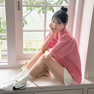 [빅사이즈]이블렛 하프린 체크 퍼프 코튼 셔츠 제이스타일