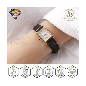 Seiko 세이코 여성용 시계 화이트 다이얼 블랙 가죽 사각형 골드 톤 SWR054 크리스마스 SWR054P1