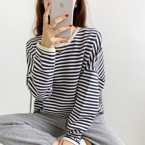 큰 사이즈 여성복 스트라이프 맨투맨 여성 춘추 얇은 캐주얼 상의 라운드 와이드 긴팔