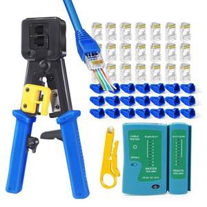 PETECHTOOL RJ45 크림프 도구 Cat6 Cat5e Cat5 이더넷 크림퍼 키트 RJ12 /11 패스스루 커넥터, 50pcs 커버, 와이어 스트리퍼; 네트워크 케이블 테스터기용 rj45 커넥터 포함