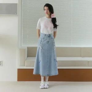 [에고이스트](강남점)[BLUE LABEL] 레이스업 A라인 데님 스커트 (ER2ODS01)