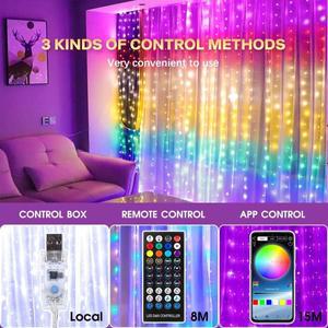 RGBIC 스마트 커튼 조명 DIY LED 요정 화환 블루블루라이트투스 앱 제어 램프 창 침실 파티 장식