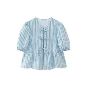 여성 핏예쁜 스트라이프 셔츠 봄가을 퍼프 슬리브 탑 캐주얼 버블 소매 끈 블라우스 인기1