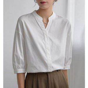 레이 차이나넥 퍼프 블라우스 셔츠