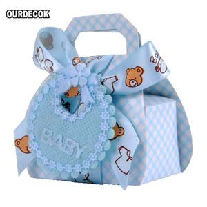 24 개/몫 곰 모양 DIY 종이 결혼 선물 Christening 베이비 샤워 파티 호의 상자 턱받이 태그 및 리본과 섬세한 사탕 상자