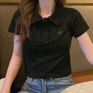 [오노마] ONM 여자 귀여운 하트 패치 짧은 크롭 카라 반팔 티셔츠