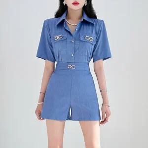 금찌 리치엔 골드장식 블라우스 반바지 세트 TS5899S G