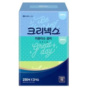 크리넥스)사각티슈(미용티슈 250콤비 250매x3개)/가정용/티슈/휴지/휴대용/화장지/미용티슈