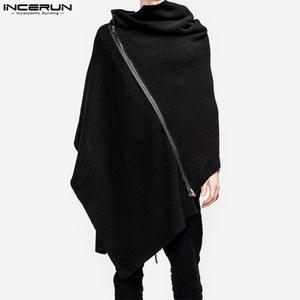 INCERUN 남성용 롱 트렌치 S 5XL 망토 코트, 단색 터틀넥 지퍼, 불규칙 판초 스트리트웨어, 캐주얼 패션