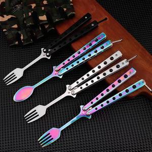 나비 칼 접는 숟가락 포크 Balisong 훈련 트레이너 야외 캠핑 식기 주방 도구