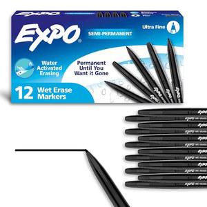 EXPO Vis Wet Erase 마커 파인 포인트 블랙 12팩, 교실 및 홈스쿨 사용에 이상적임